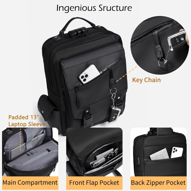 Leaper Crossbody Messenger Bag for Men: 13L Multi-pocket Satchel Sling Shoulder Bags for Travel Daily Work - Women Single Strap Backpack for Cycling, Hiking - Laptop Sling Bag for Men 14 inch, Black - Image 2